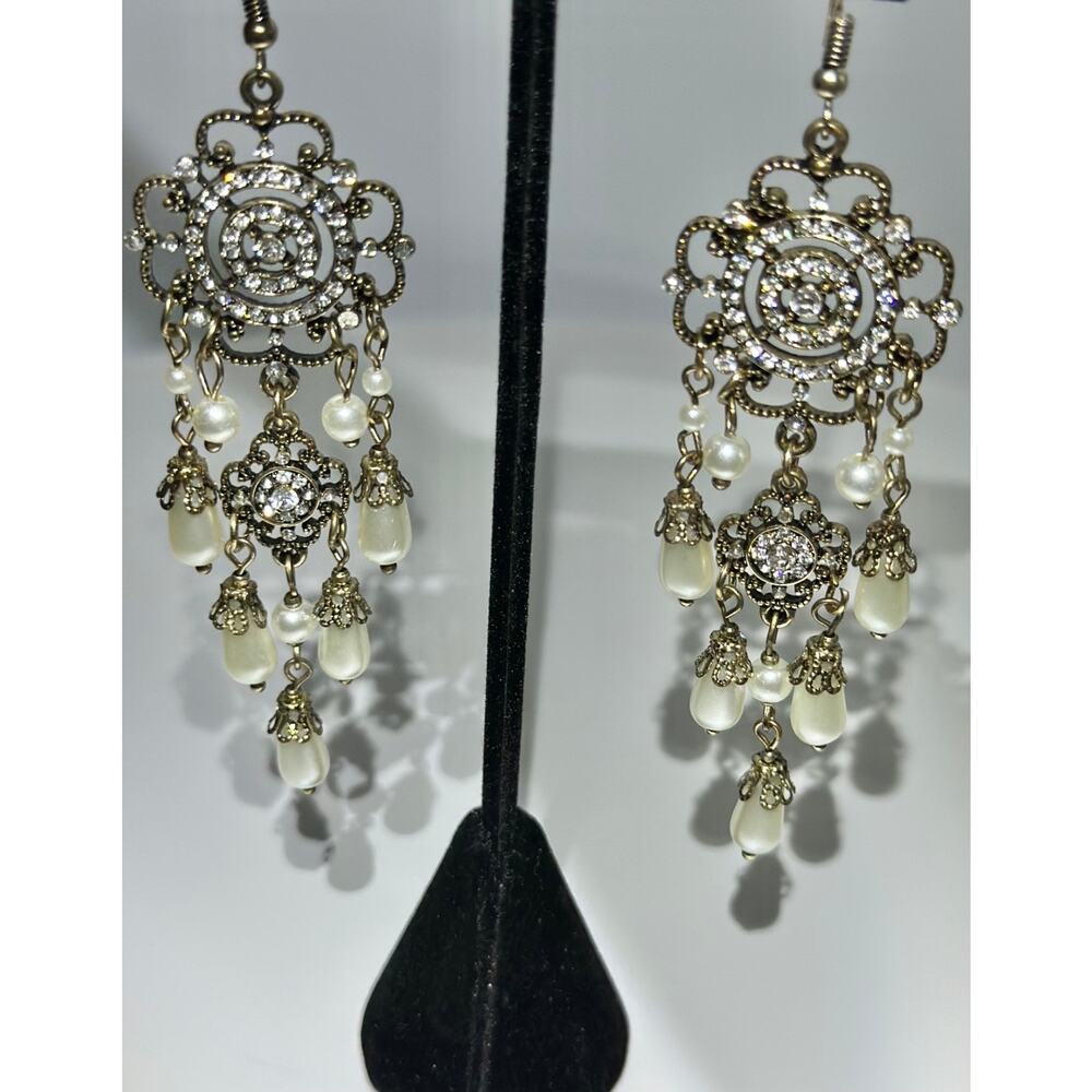 Plunder Gold Tone SET Faux Pearl Rhinestone Necklace Earrings Bridal Statement - Picture 6 of 10